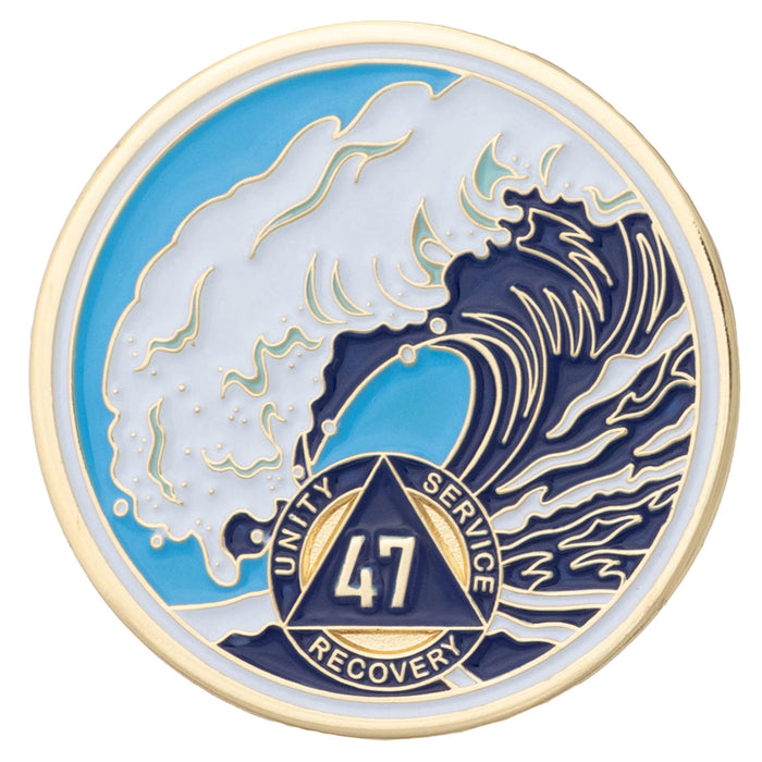 47 Year Sobriety Mint Crashing Wave Gold Plated AA Recovery Medallion - Forty Seven Chip/Coin - Blue/White