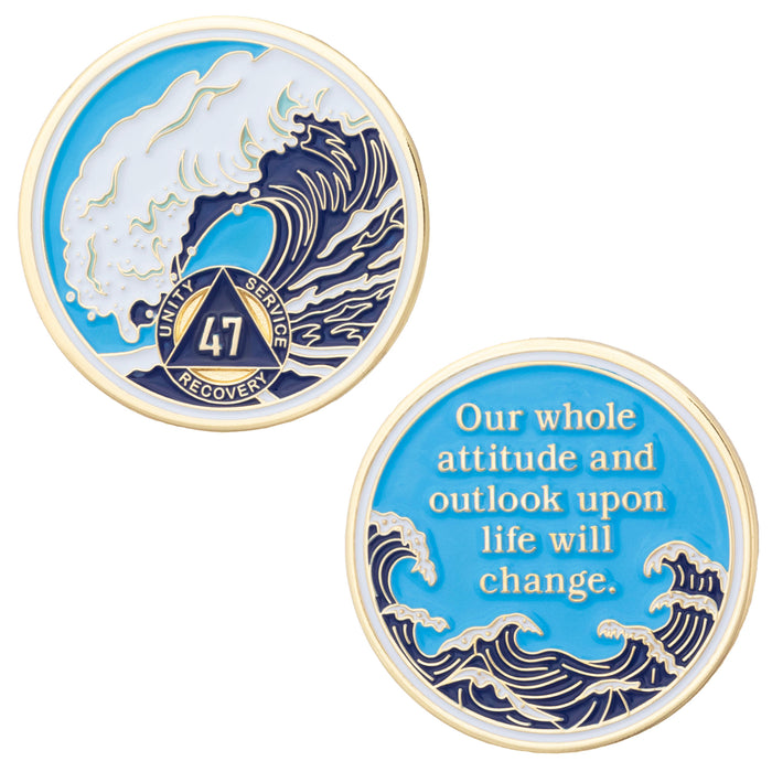 47 Year Sobriety Mint Crashing Wave Gold Plated AA Recovery Medallion - Forty Seven Chip/Coin - Blue/White