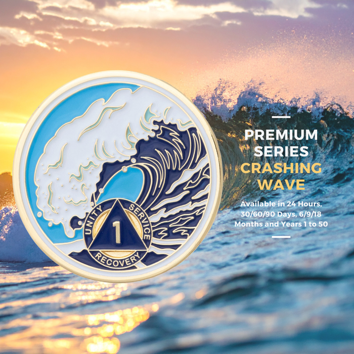 47 Year Sobriety Mint Crashing Wave Gold Plated AA Recovery Medallion - Forty Seven Chip/Coin - Blue/White