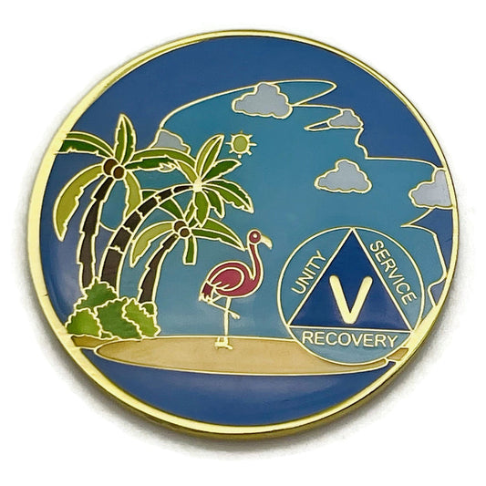 5 Year Beach Themed Specialty Tri-Plated AA Recovery Medallion - Five Year Chip/Coin
