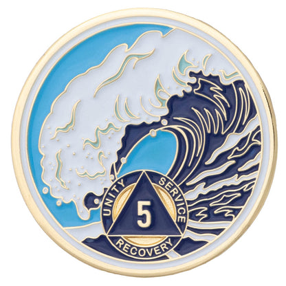 5 Year Sobriety Mint Crashing Wave Gold Plated AA Recovery Medallion - Five Year Chip/Coin - Blue/White