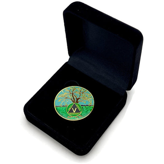 5 Year Tree of Life Specialty AA Recovery Medallion - Tri-Plated Five Year Chip/Coin + Velvet Case