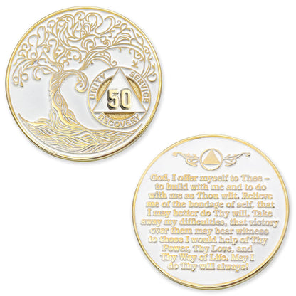 50 Year Sobriety Mint Twisted Tree of Life Gold Plated AA Recovery Medallion - Fifty Year Chip/Coin - White