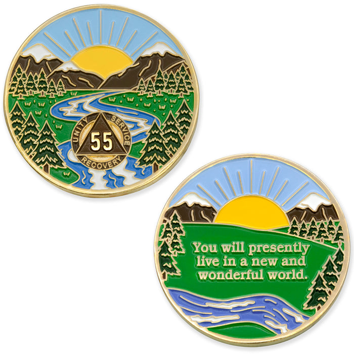 55 Year Sobriety Mint Winding River Gold Plated AA Recovery Medallion - Fifty Five Year Chip/Coin