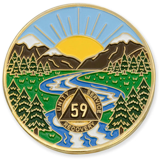 59 Year Sobriety Mint Winding River Gold Plated AA Recovery Medallion - Fifty Nine Year Chip/Coin
