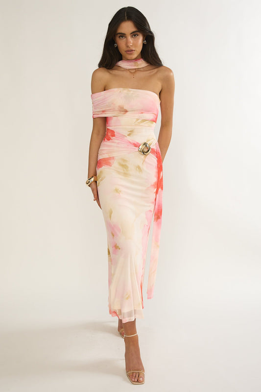 Carrisa One-Sleeve Maxi Dress Floral Pink