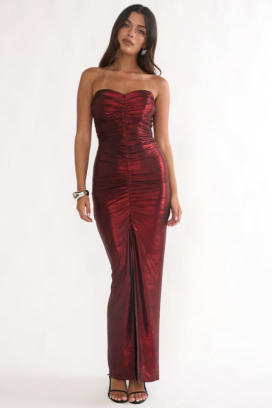 Nerina Strapless Ruched Maxi Dress Red
