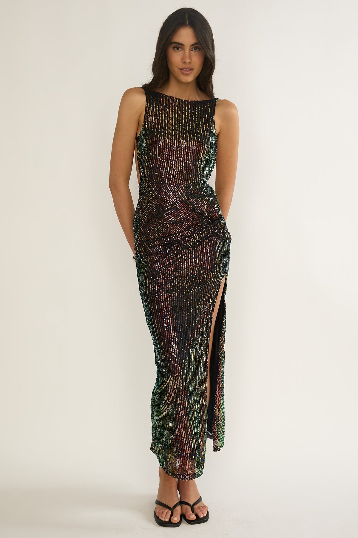 Zaretha Backless Split Maxi Dress Sequin Black/Gold