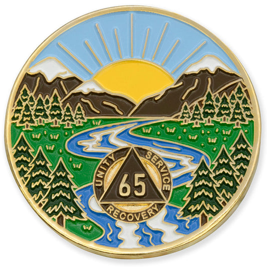 65 Year Sobriety Mint Winding River Gold Plated AA Recovery Medallion - Sixty Five Year Chip/Coin