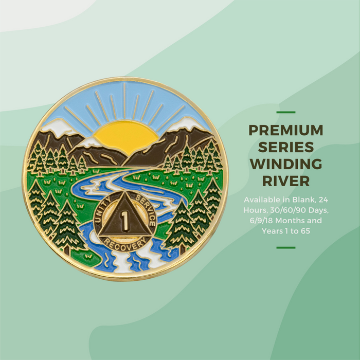 65 Year Sobriety Mint Winding River Gold Plated AA Recovery Medallion - Sixty Five Year Chip/Coin