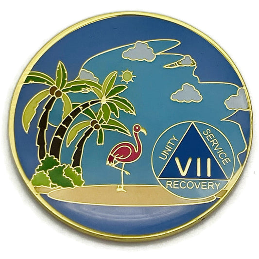 7 Year Beach Themed Specialty Tri-Plated AA Recovery Medallion - Seven Year Chip/Coin