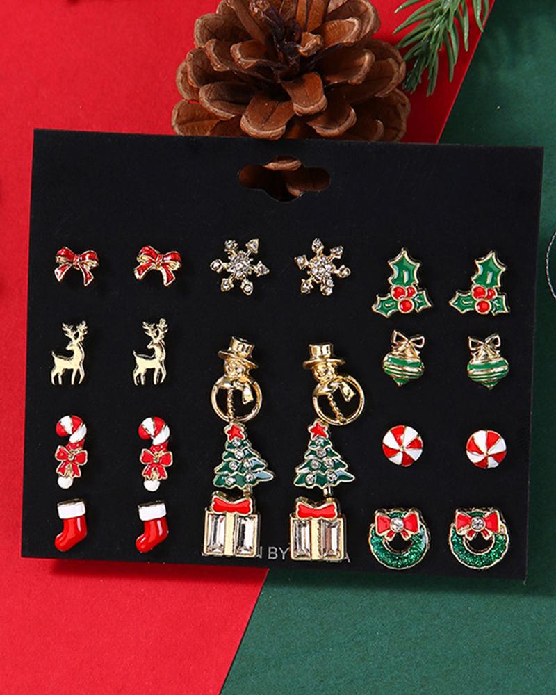 12Pairs Christmas Snowflake Elk Shaped Stud Earrings Set