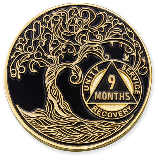 9 Month Sobriety Mint Twisted Tree of Life Gold Plated AA Recovery Medallion - Nine Month Chip/Coin - Black