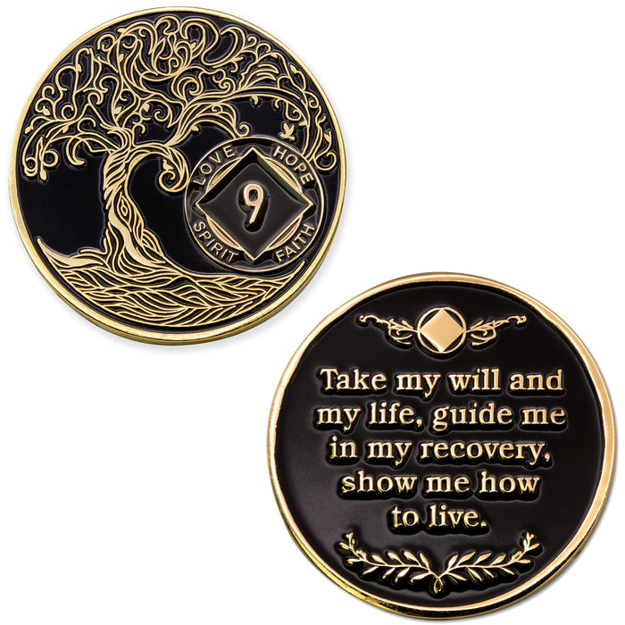 9 Year Sobriety Mint Twisted Tree of Life Gold Plated NA Recovery Medallion - Nine Year Chip/Coin - Black