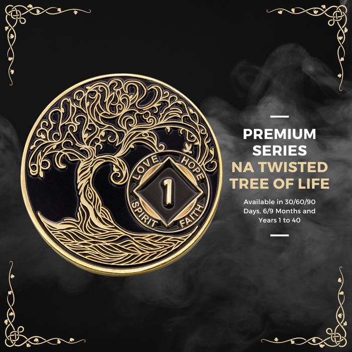 9 Year Sobriety Mint Twisted Tree of Life Gold Plated NA Recovery Medallion - Nine Year Chip/Coin - Black