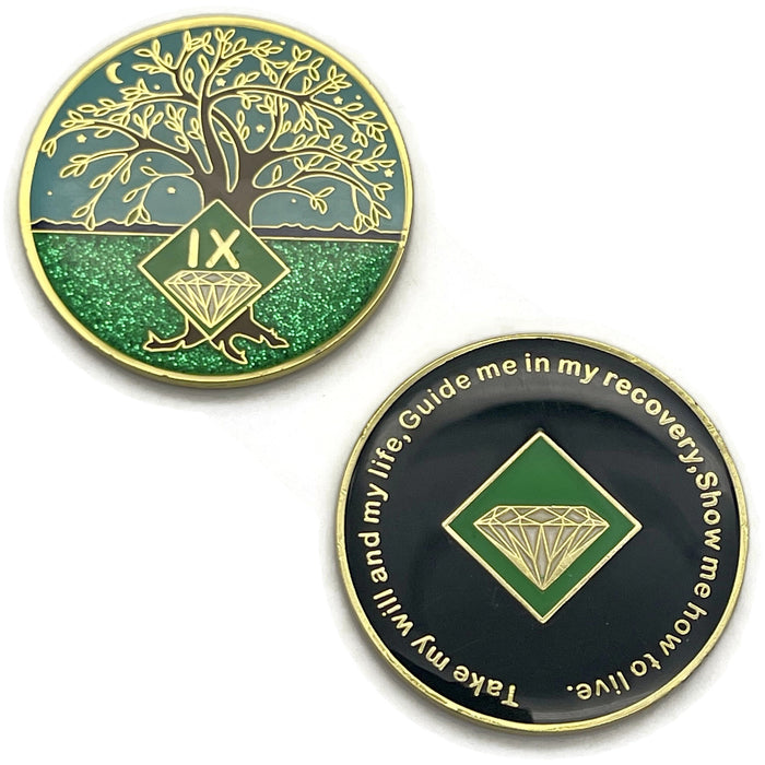 9 Year Tree of Life Specialty Tri-Plated NA Recovery Medallion - Nine Year Chip/Coin + Velvet Case