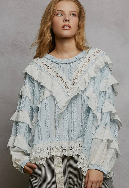 All In The Details Blouse (Cream & Ice Blue)