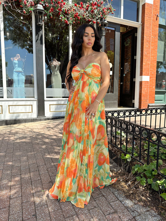 Alara Orange Floral Pleated Maxi Dress