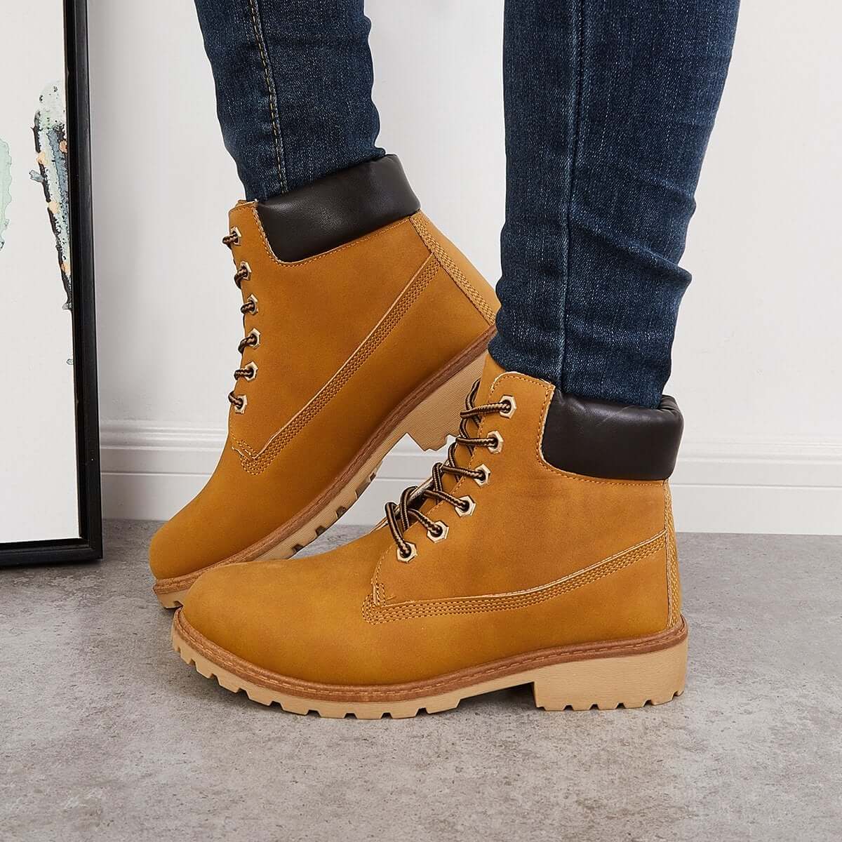 Classic Lace Up Ankle Work Boots Block Heel Hiking Booties