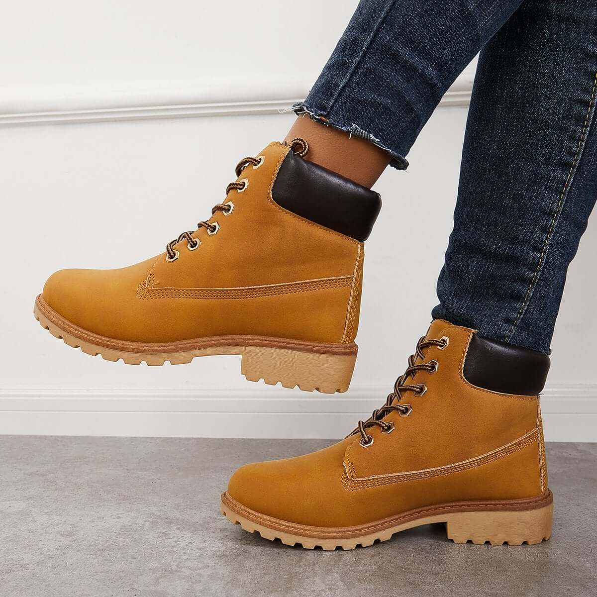 Classic Lace Up Ankle Work Boots Block Heel Hiking Booties