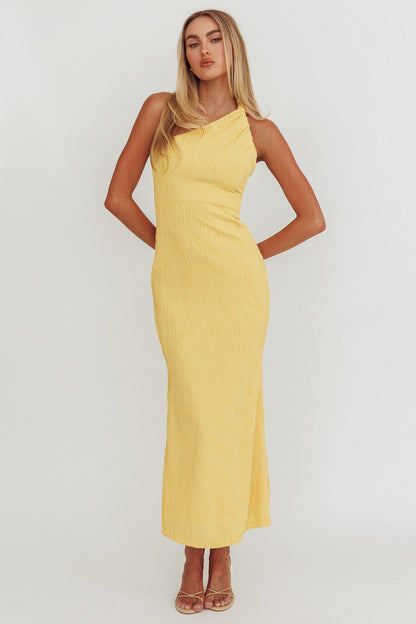 Lingering Love One-Shoulder Twist Midi Dress Lemon