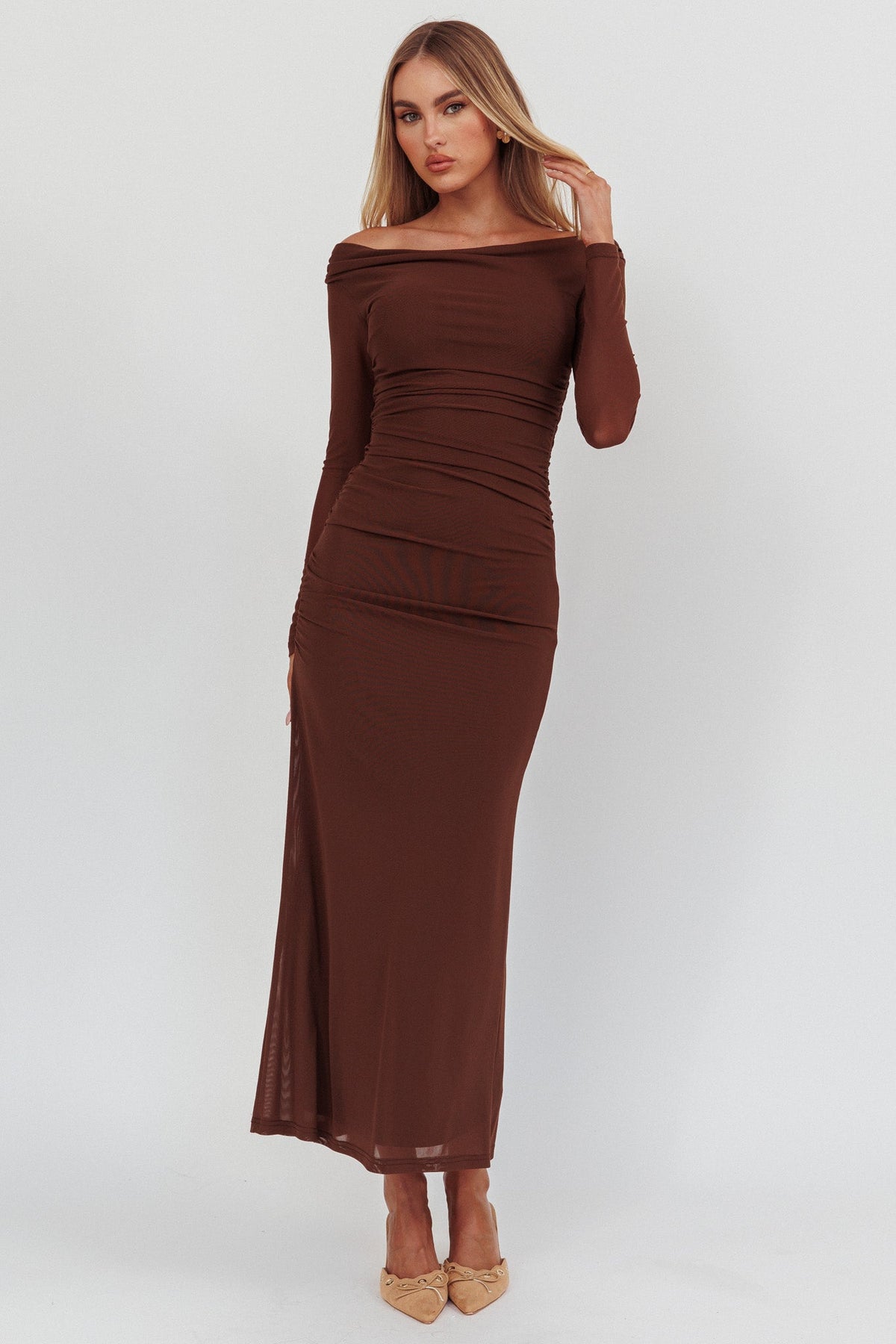 In Blooms Off Shoulder Mesh Maxi Dress Chocolate