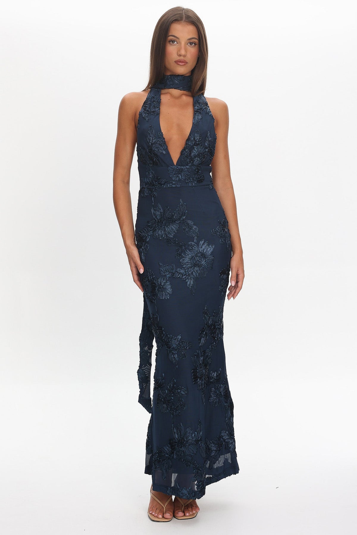 Cipriana Backless Halter Maxi Dress Embellished Navy