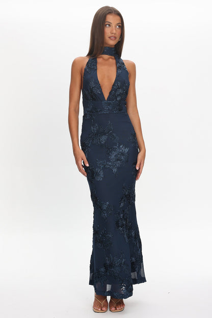 Cipriana Backless Halter Maxi Dress Embellished Navy