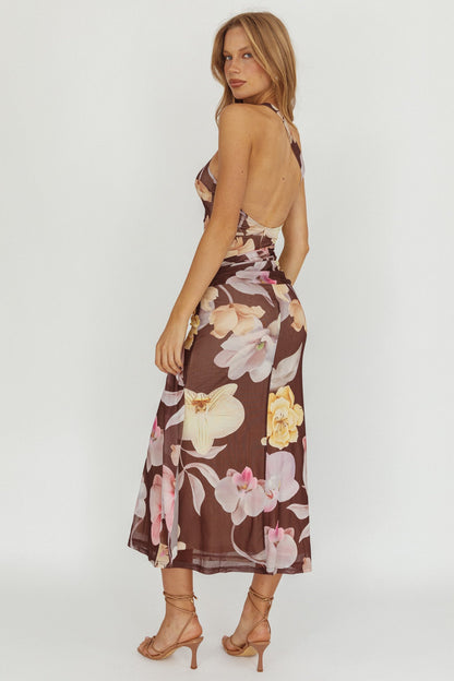 Kimbra Waist Sash Maxi Dress Floral Brown