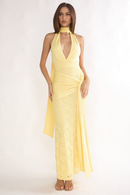 Adair Halterneck Waist Sash Maxi Dress Lace Butter