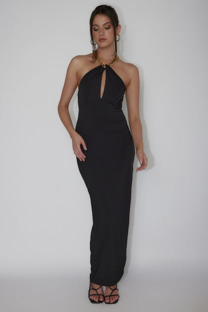 Slow Dance Chain Halter Midi Dress Black