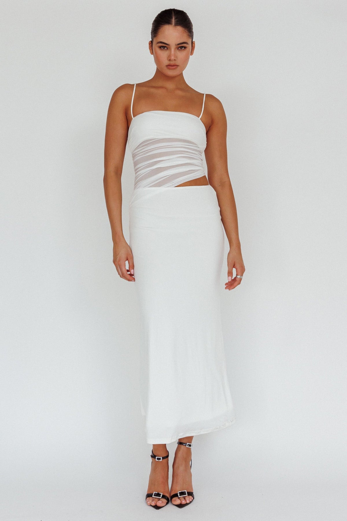Lorely Ruched Bodice Midi Dress Vanilla