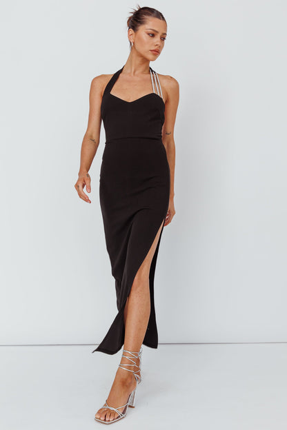 Leading Role Diamante Strap Halter Dress Black
