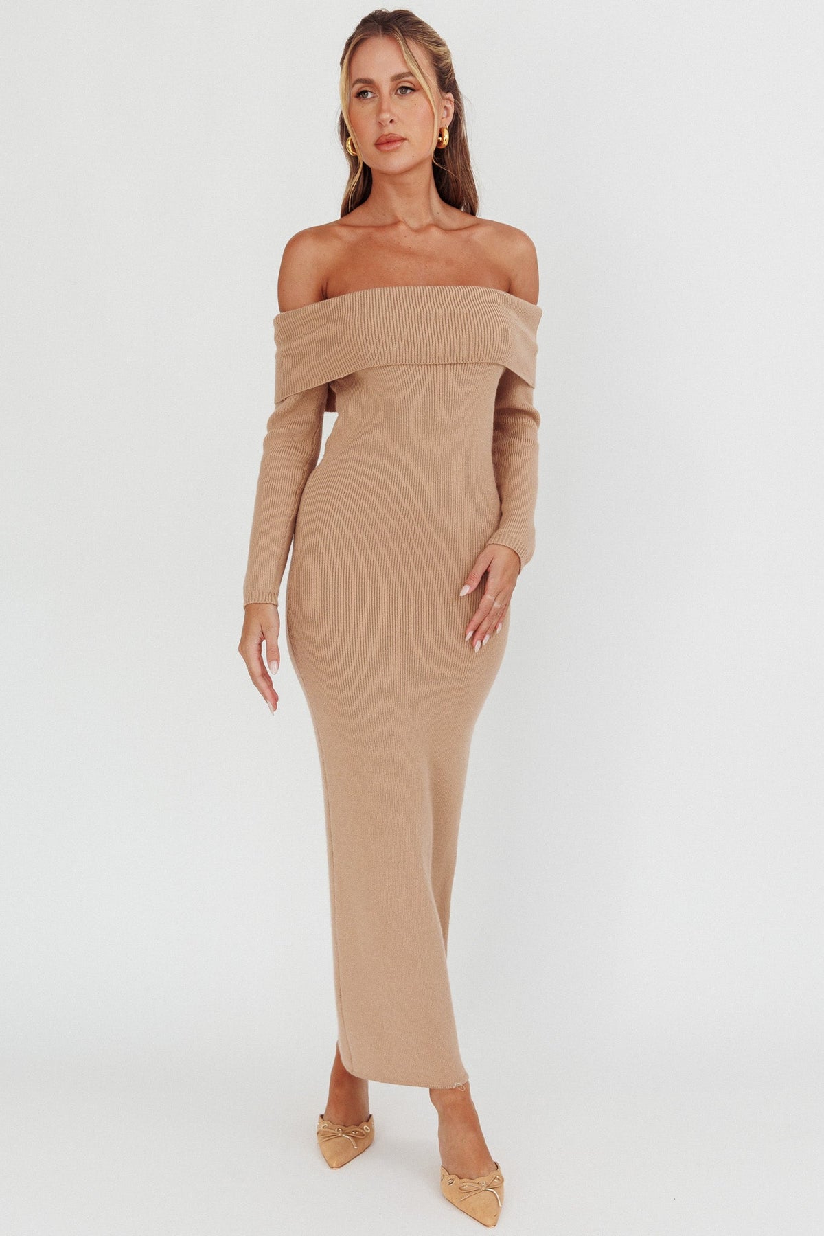 Winter Wonder Off-Shoulder Knit Maxi Dress Mocha