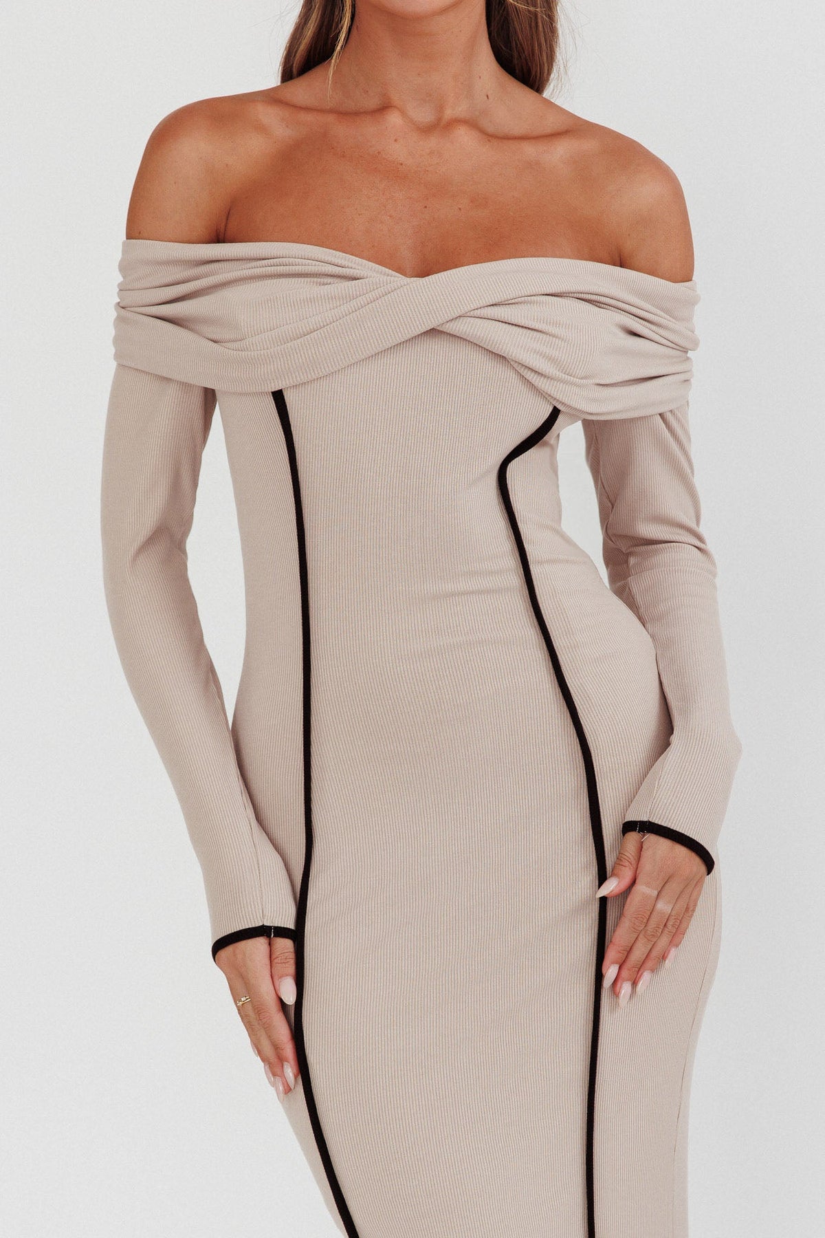 Genesis Off-Shoulder Long Sleeve Maxi Dress Pebble
