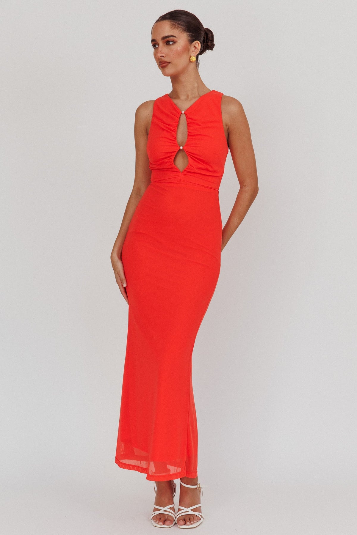 Piece Of Heaven Sleeveless Keyhole Mesh Maxi Dress Red