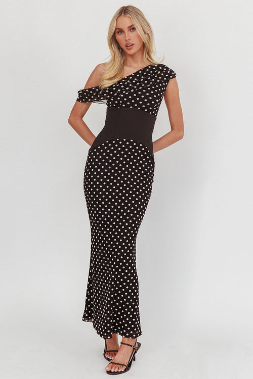 Milos Asymmetric Neckline Maxi Dress Black Dot