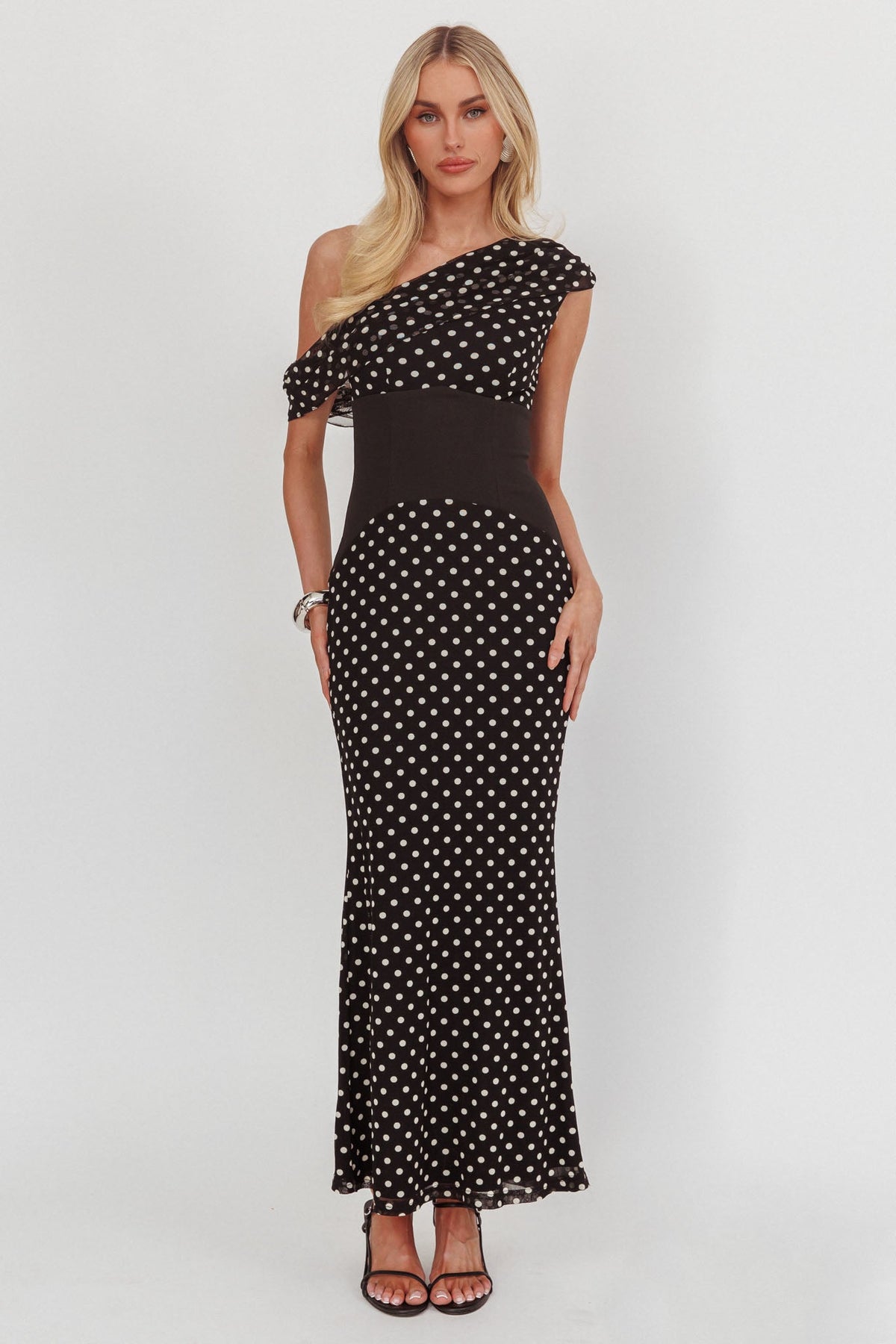 Milos Asymmetric Neckline Maxi Dress Black Dot