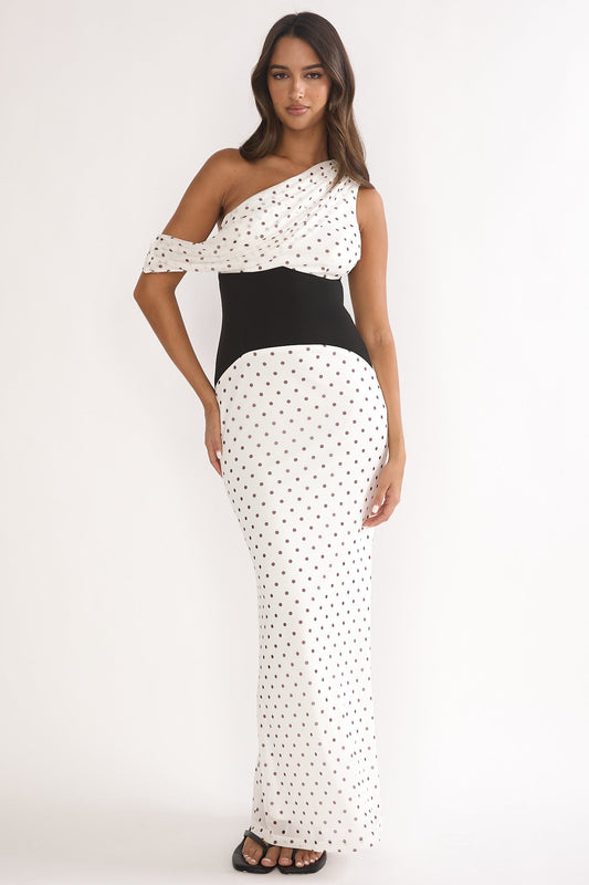 Milos Asymmetric Neckline Maxi Dress Polka Dot Brown