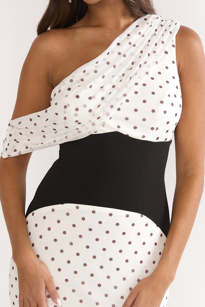 Milos Asymmetric Neckline Maxi Dress Polka Dot Brown