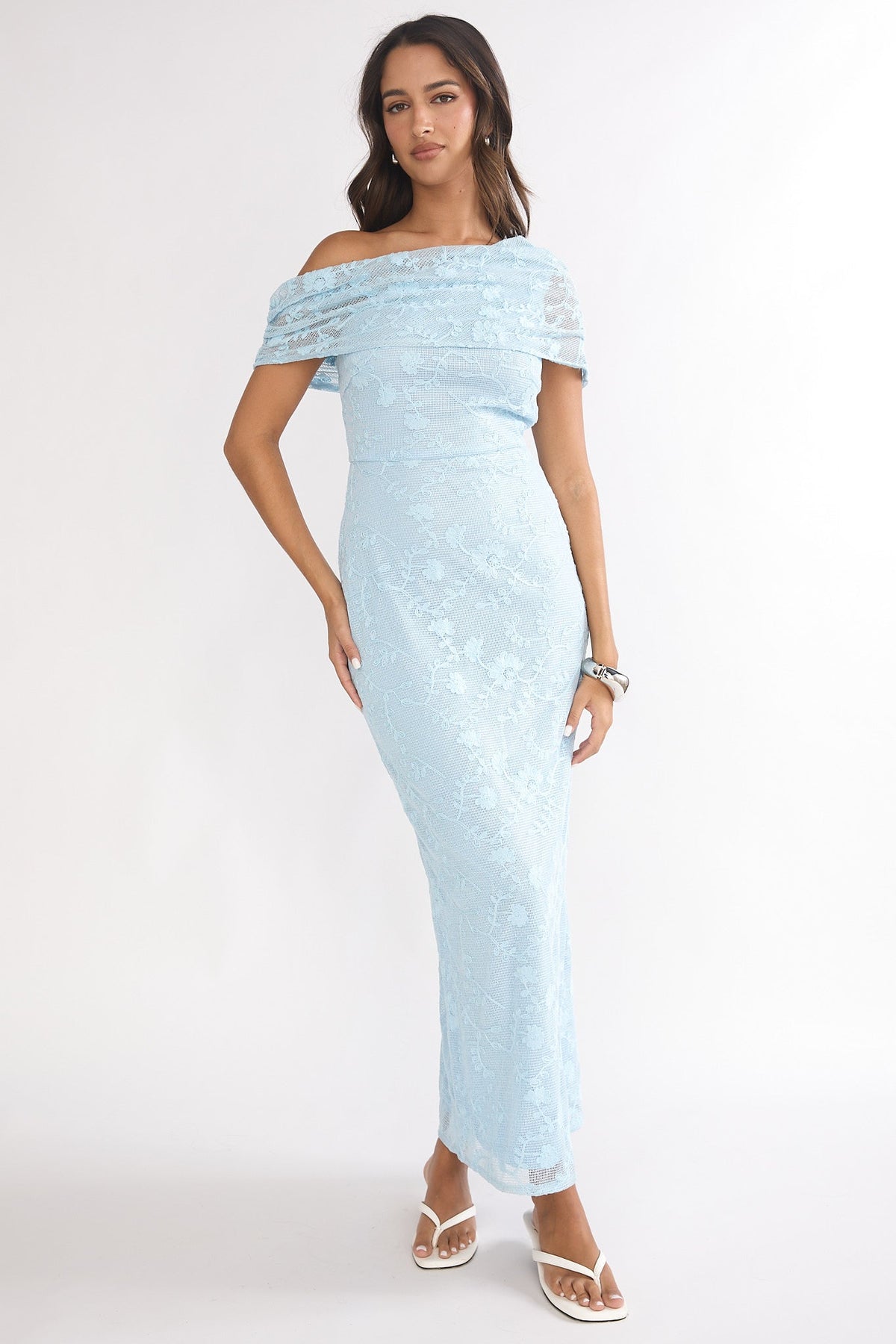 Elita Asymmetric Neckline Lace Maxi Dress Blue