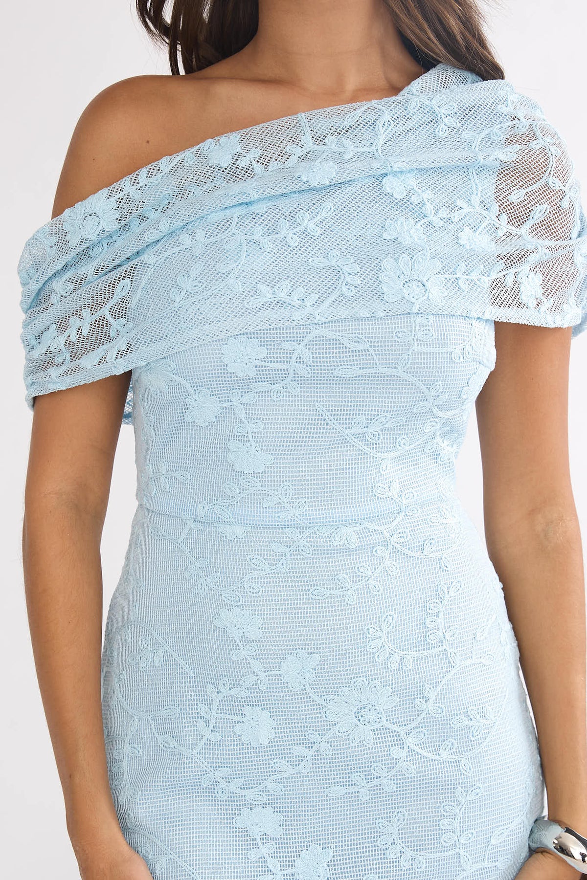 Elita Asymmetric Neckline Lace Maxi Dress Blue