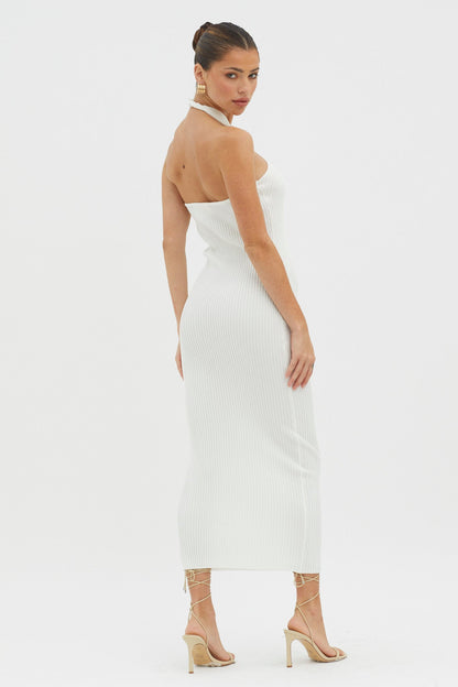 Lovelock Halterneck Ribbed Knit Midi Dress White