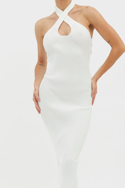 Lovelock Halterneck Ribbed Knit Midi Dress White