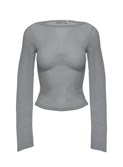 Crystal Clear Long Sleeve Mesh Top Silver