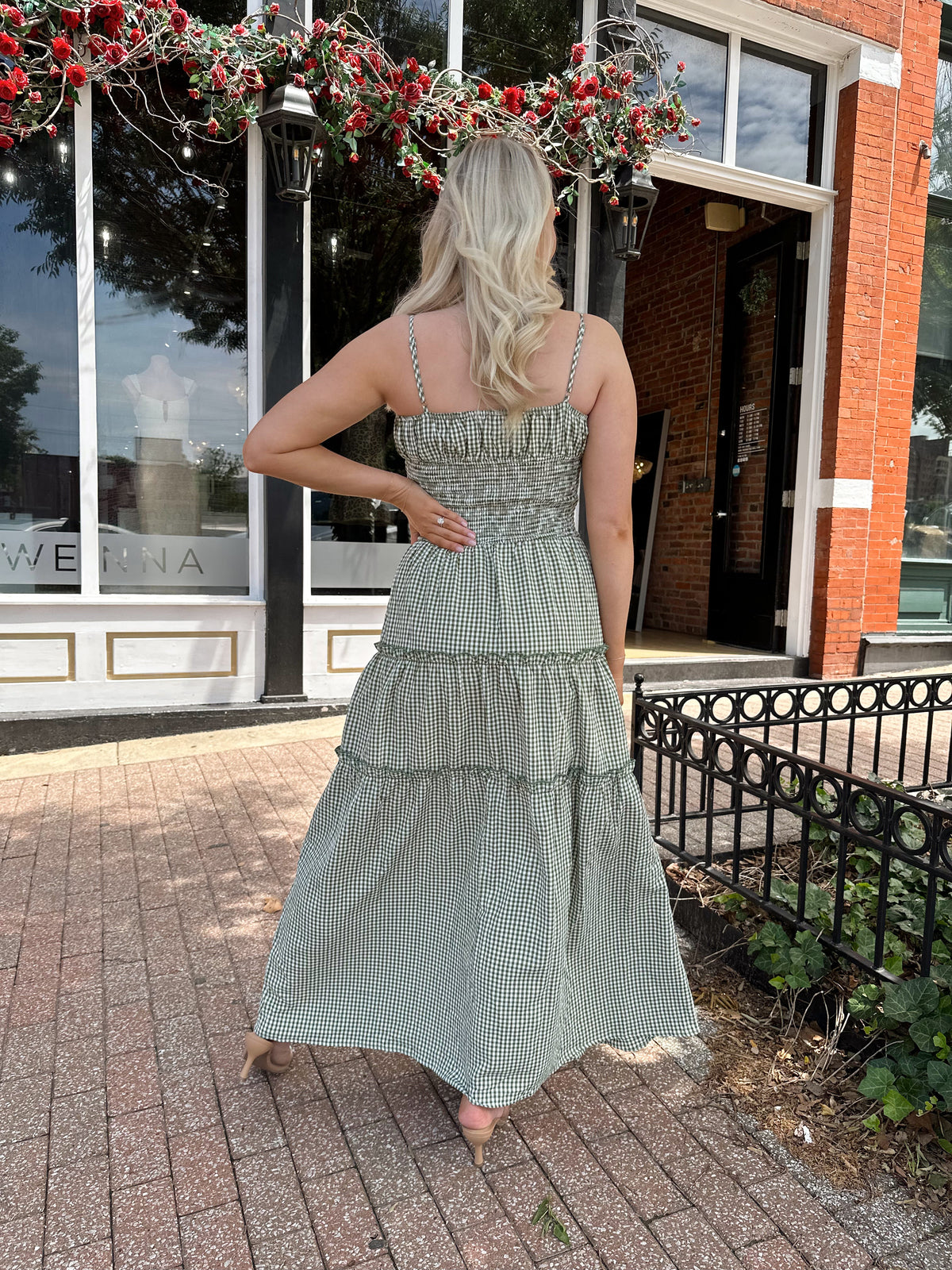 Carol Green Gingham Smocked Waist Maxi Dress