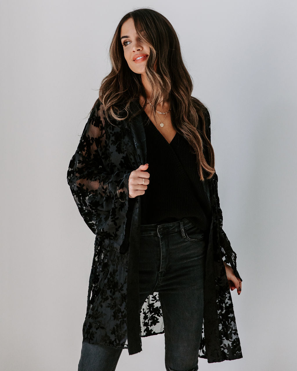 Divine Dreams Burnout Velvet Kimono Robe - Black - SALE