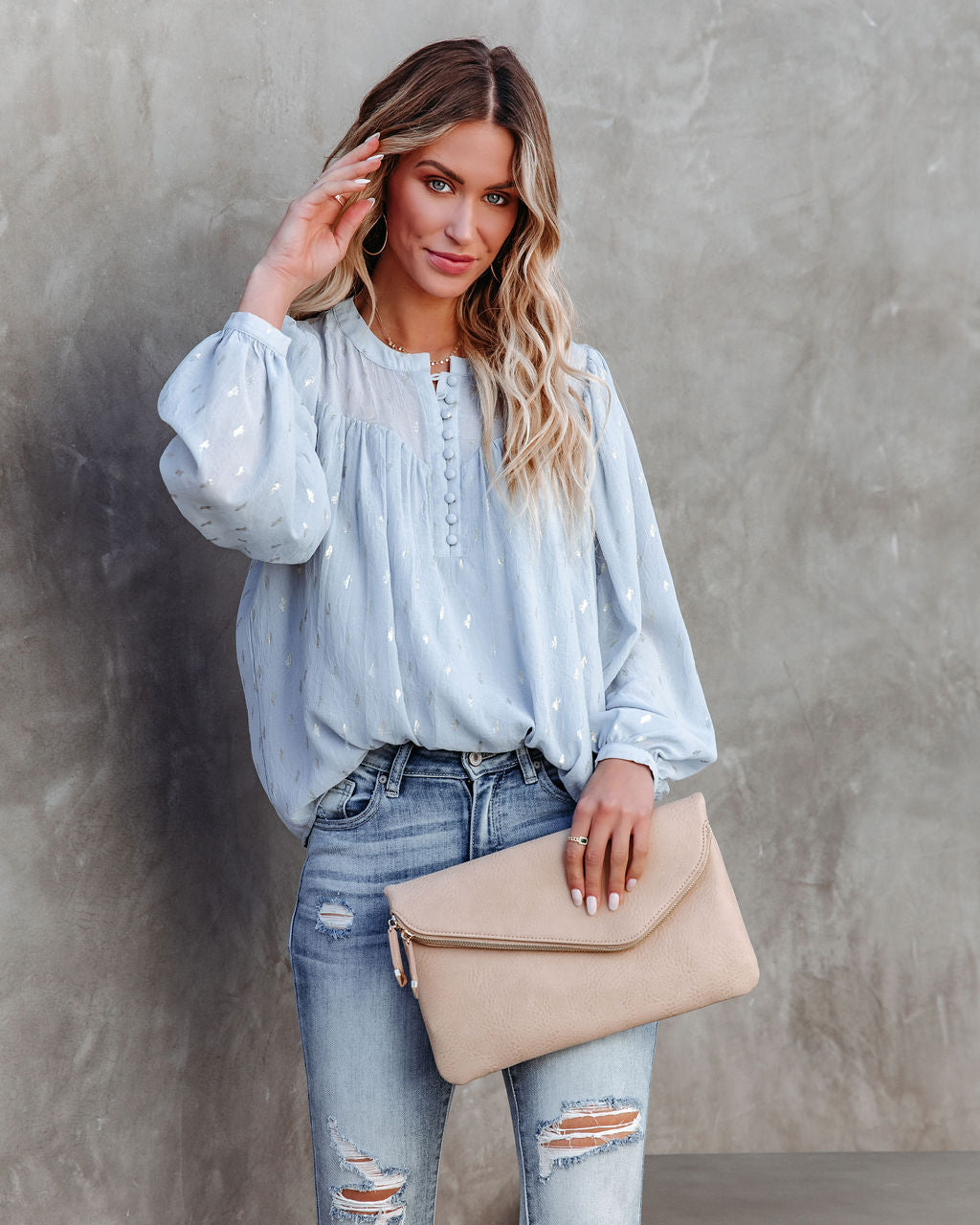Embree Shimmer Babydoll Blouse - Powder Blue