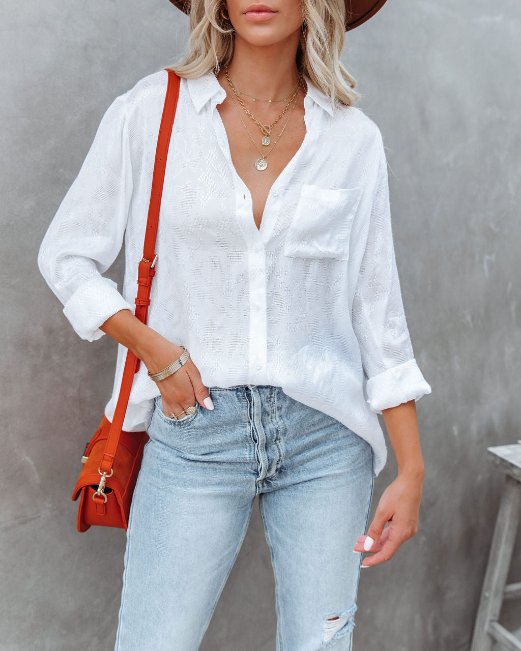 Farzana Textured Button Down Blouse - White