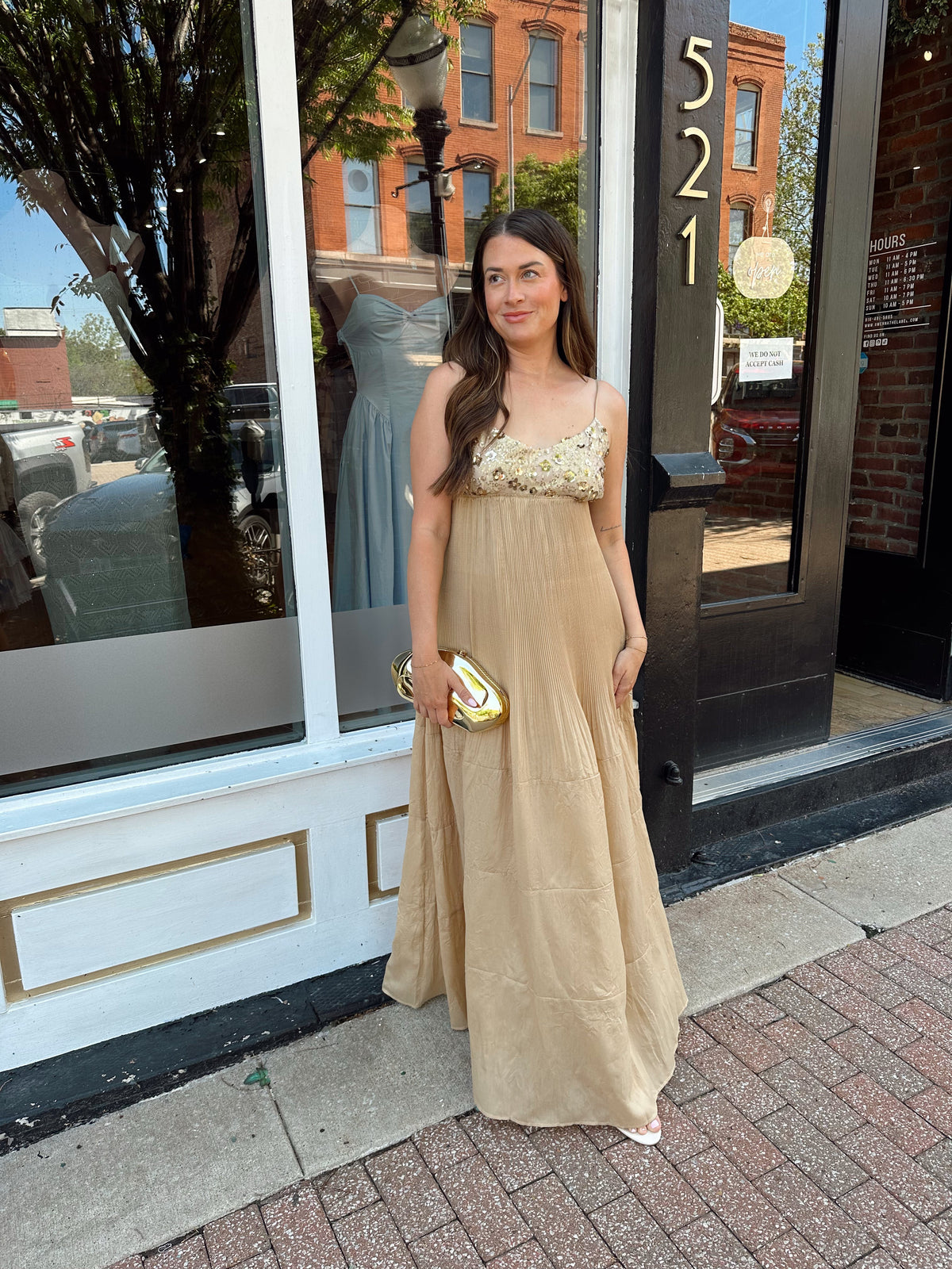 Faye Gold Sequin Pleated Maxi Dress